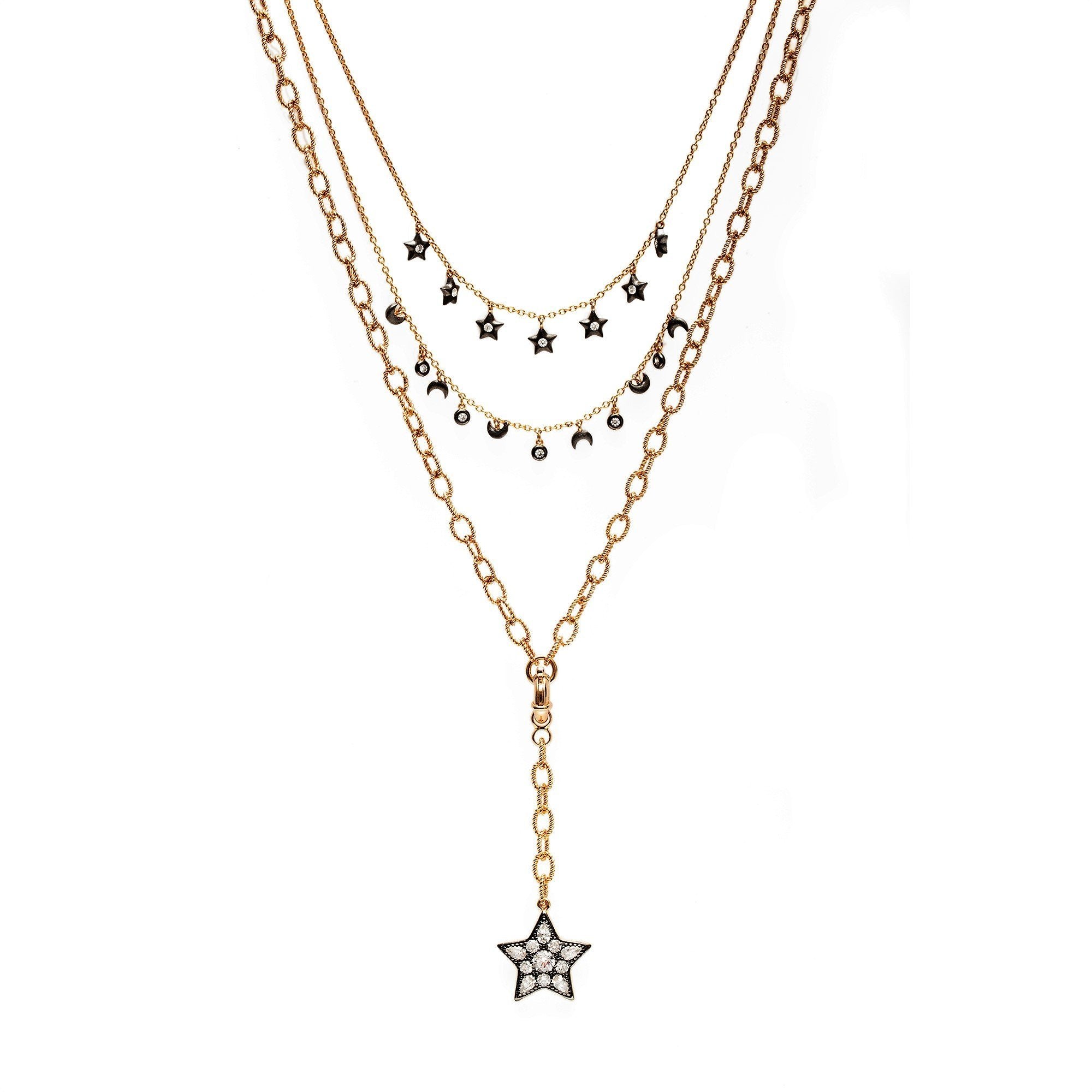 Multi-strand Moon And Stars Charms Necklace In Vermeil Gold