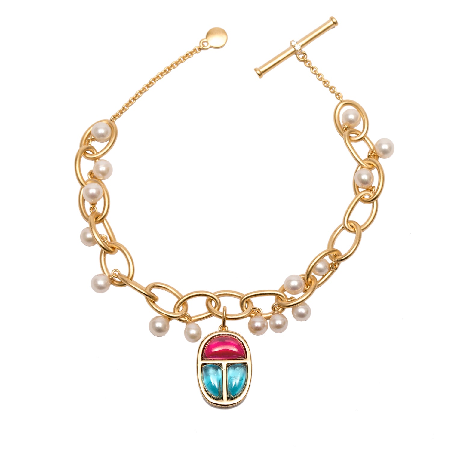Links Bracelet Vermeil Gold With Scarab Amulet Charm And Pearls