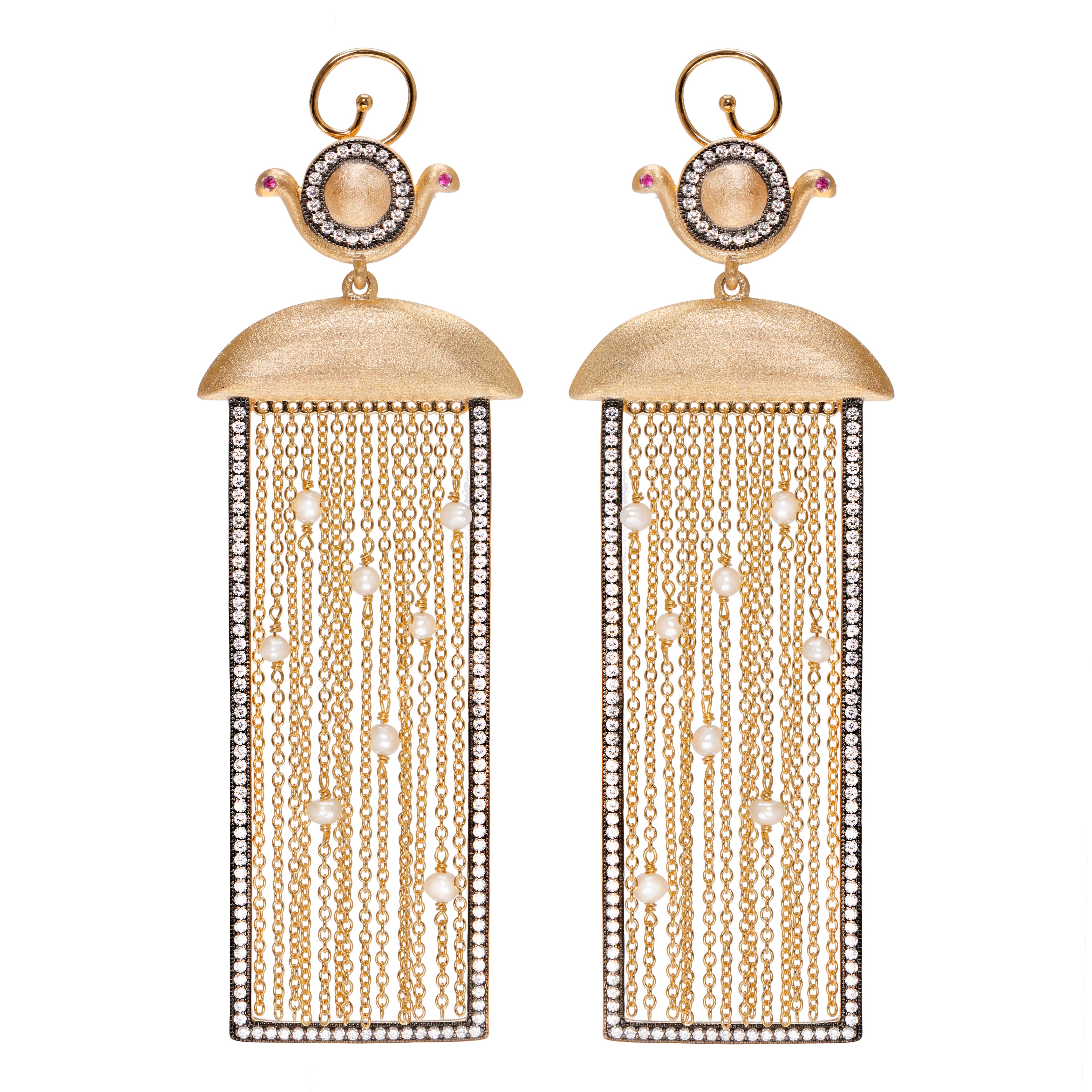 Wadjet Goddess Rectangular Drop With Tassels Vermeil Earrings