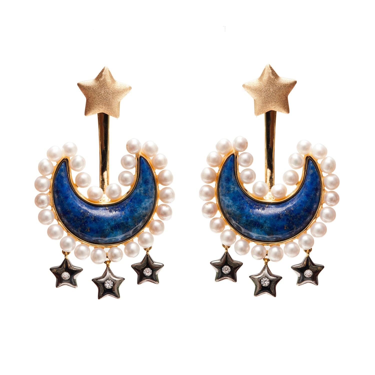 Blue Lapis And Pearl Jacket Earrings And Dangling Stars In Vermeil Gold