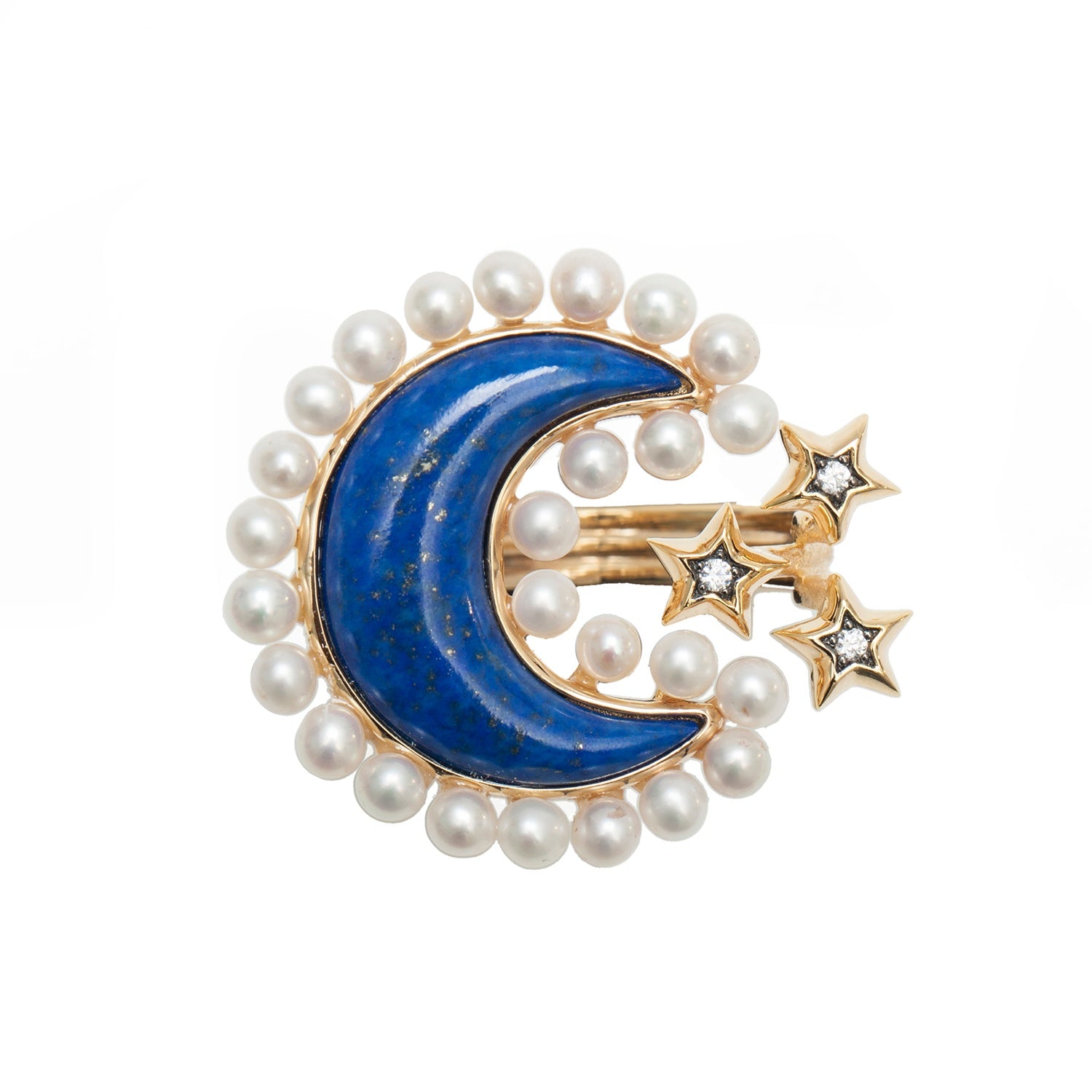 Pearls And Lapis Lazuli Moon Ring In Vermeil Gold - 7