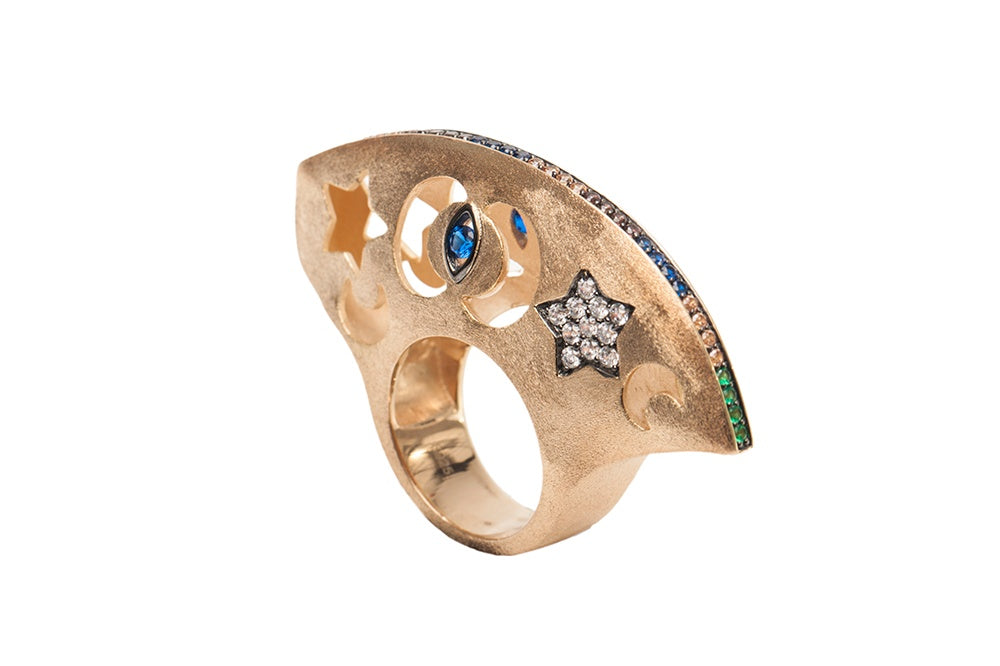 Hand Carved Dome Ring In Vermeil Gold With Colored Gemstones - 7