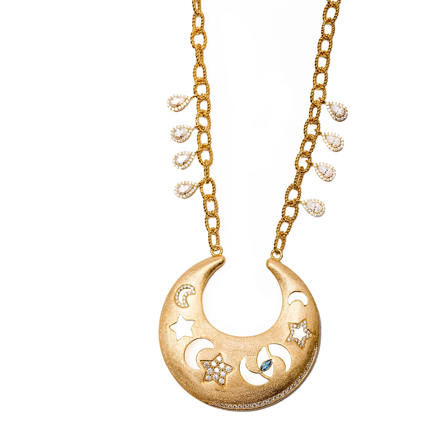 Celestial Necklace With Moons, Stars And Protective Eye In Vermeil Gold