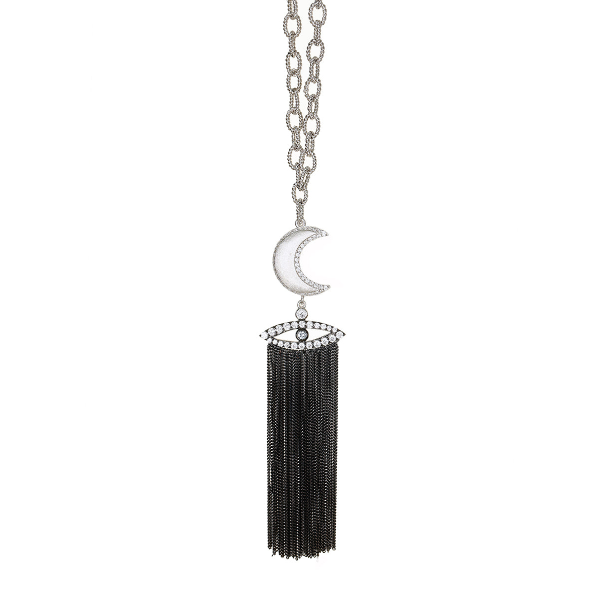 Moon With Evil Eye Necklace And Tassels In Black Rhodium