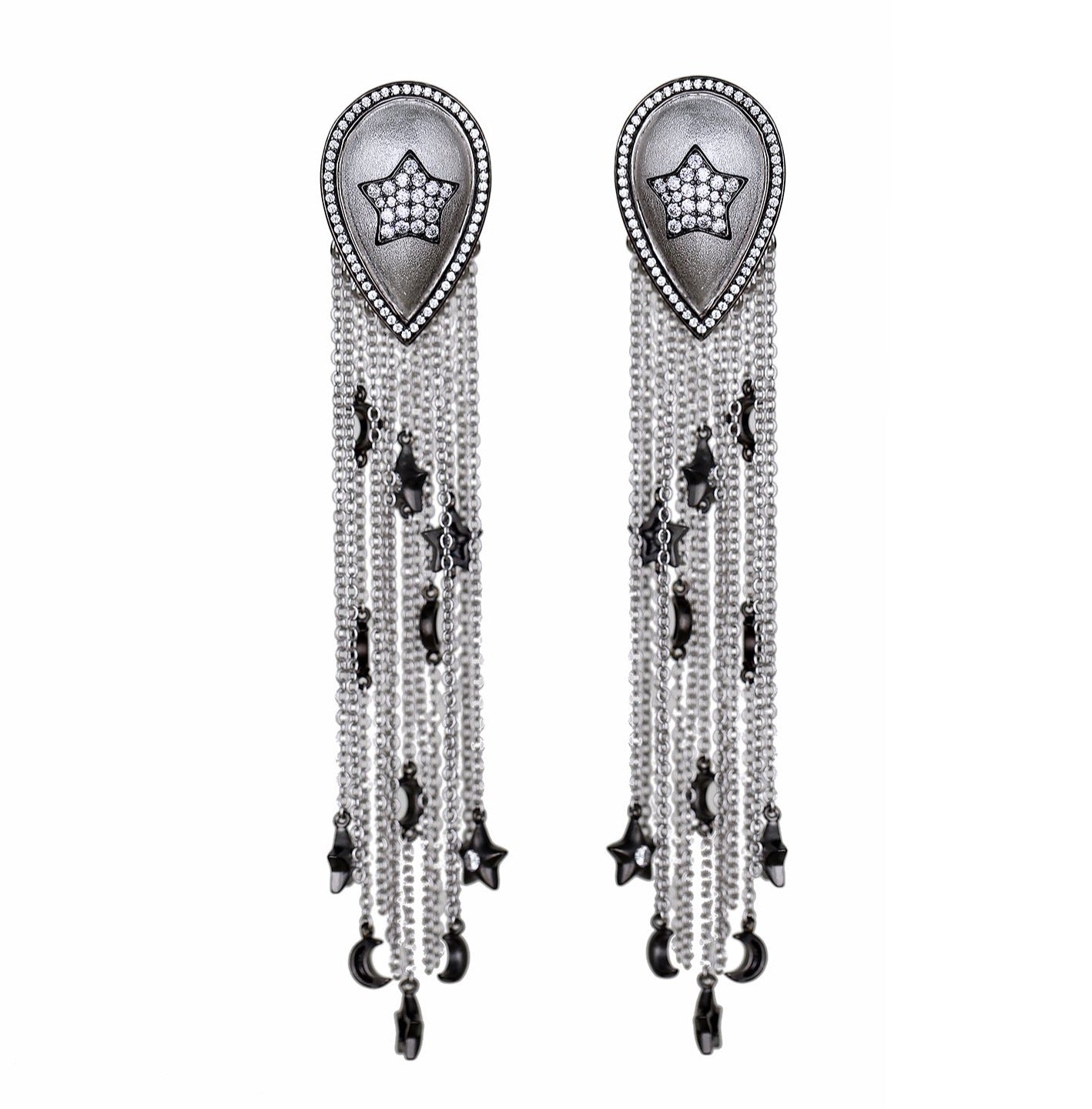 Stars And Moons Drop Earrings With Tassels And Charms- Rhodium Finish