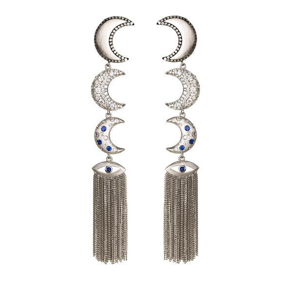 Linear Moons With Evil Eye Drop Earrings- Rhodium