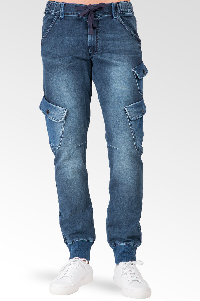 Level 7 Mens Cargo Pocket Medium Blue Knit Denim Jogger Pants Premium