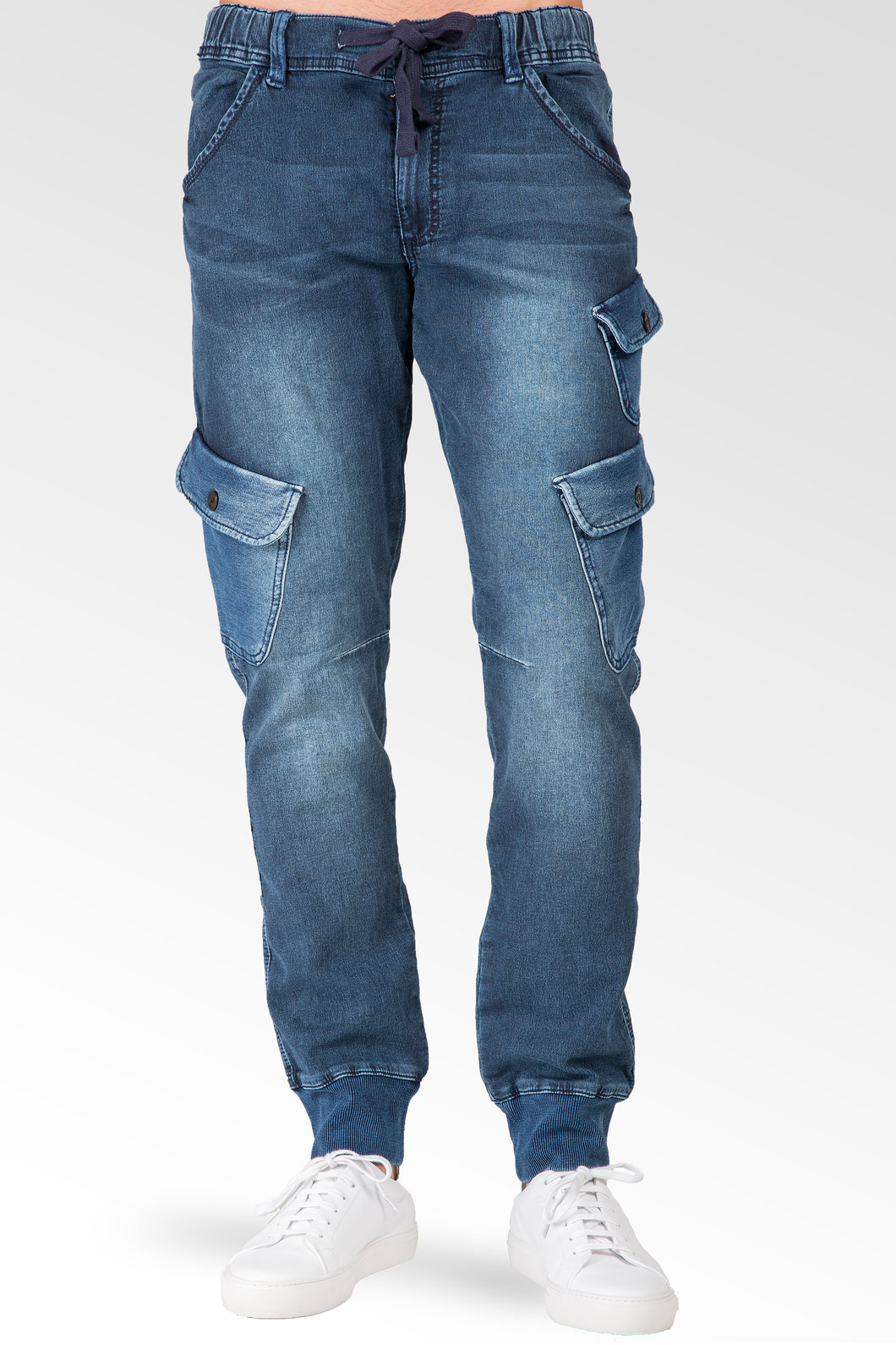 Level 7 Mens Cargo Pocket Medium Blue Knit Denim Jogger Pants Premium Denim Level 7 Jeans 3017