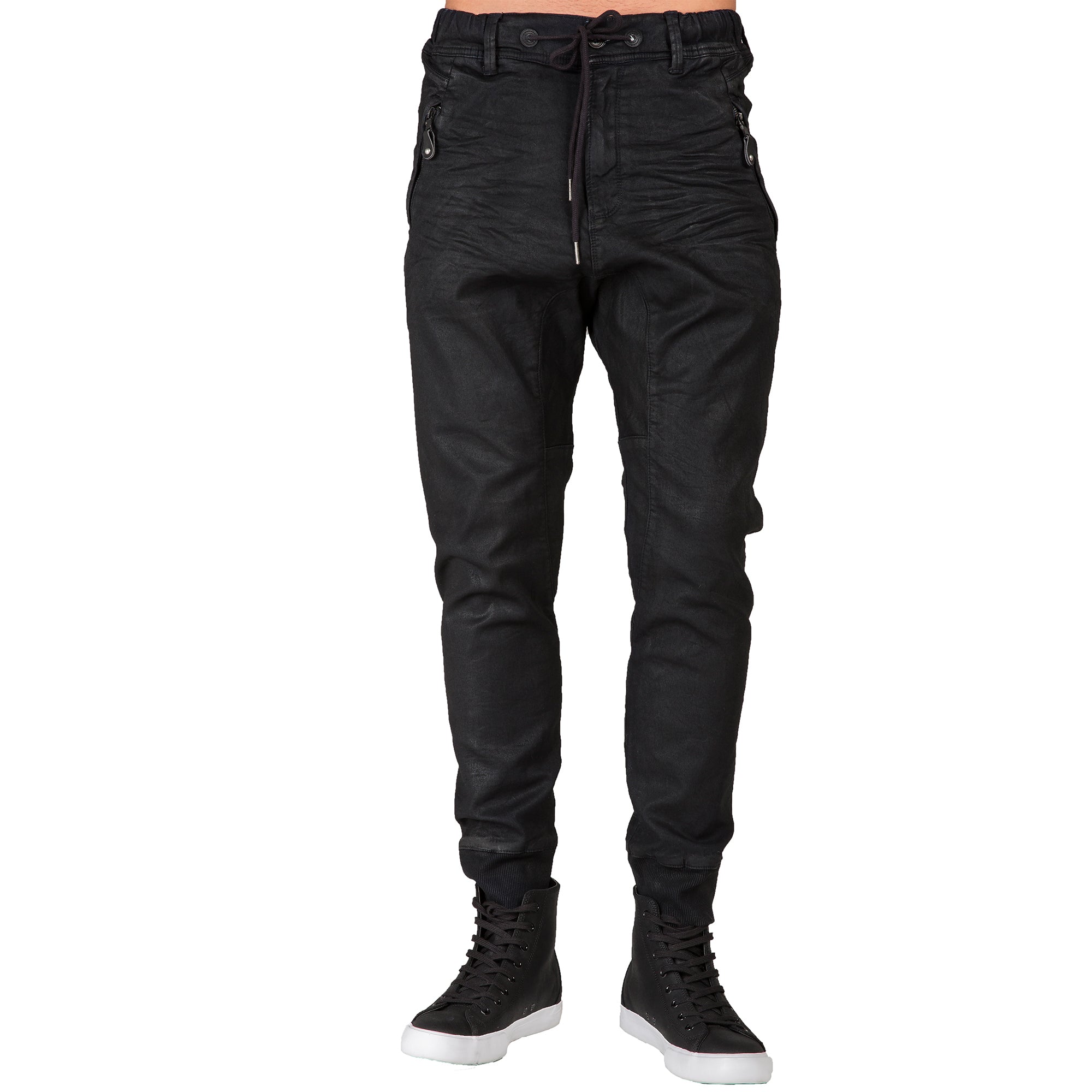 Level 7 Men's Black Coated Denim Drop Crotch Jogger Jeans Premium Denim Zip Pocket – Level 7 Jeans
