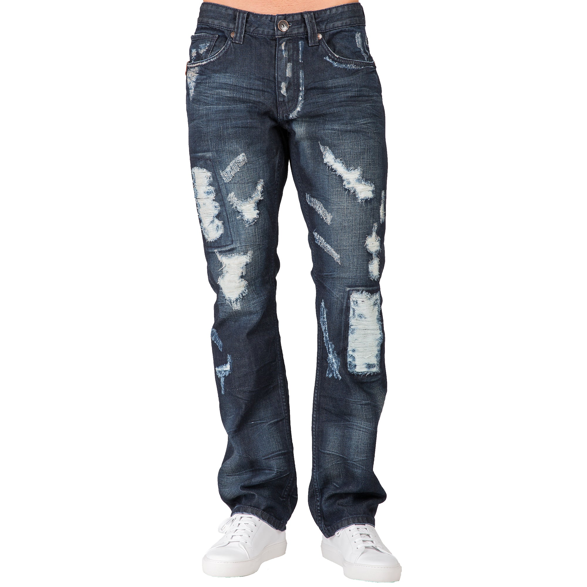Level 7 Men's Slim Straight Destroyed & Repaired Dark Blue Indigo Jeans ...