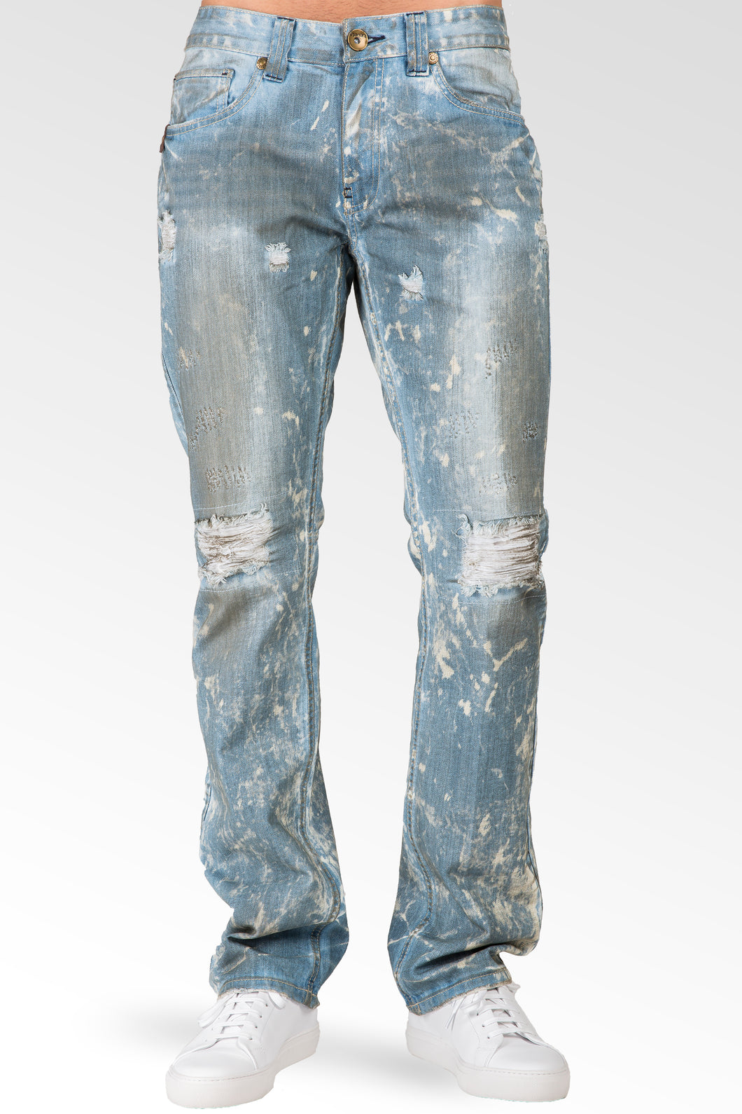 Level 7 Men's Slim Straight Paint Splatter Bleached Blue Ripped Jeans ...