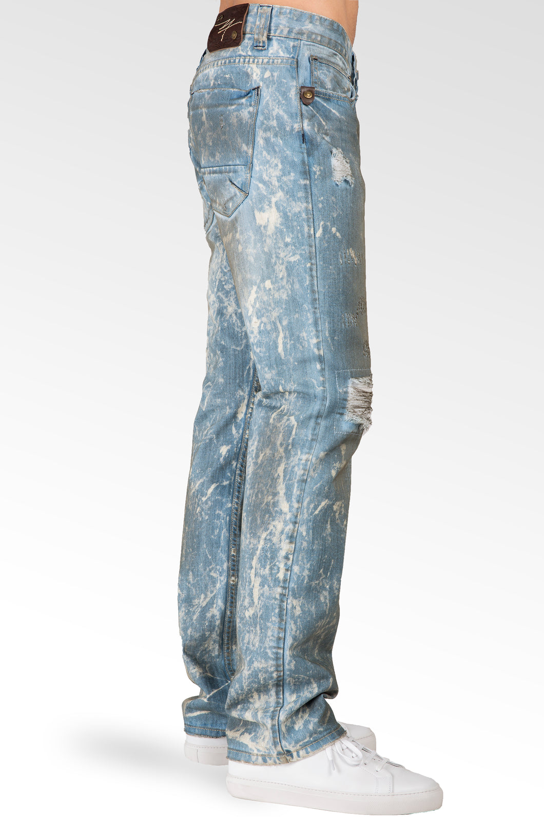 Level 7 Men's Slim Straight Paint Splatter Bleached Blue Ripped Jeans ...