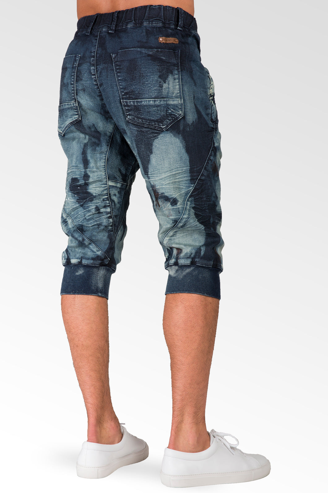 Level 7 Mens Clouded Wash Dark Blue Knit Denim Jogger Capri Shorts Premium Denim Level 7 Jeans