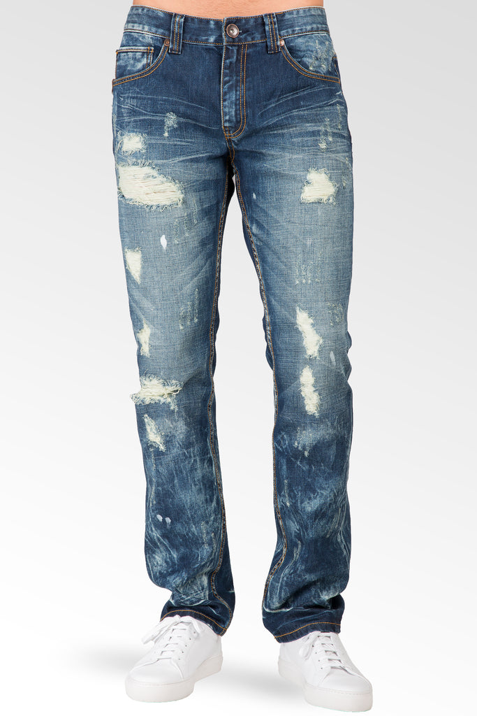 Level 7 Men's Slim Straight Destroyed Bleach Splatter Medium Blue Jeans ...