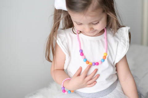 Beaded Pom Pom Necklace and Bracelet set in pink for girls by Tutu Joli. Pom Pom beaded jewelry for girls