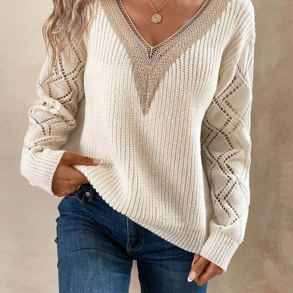 Lace V-neck Loose Knit Sweater, Casual Cutout Long Sleeve Fall Winter – La  Boutique Dacula