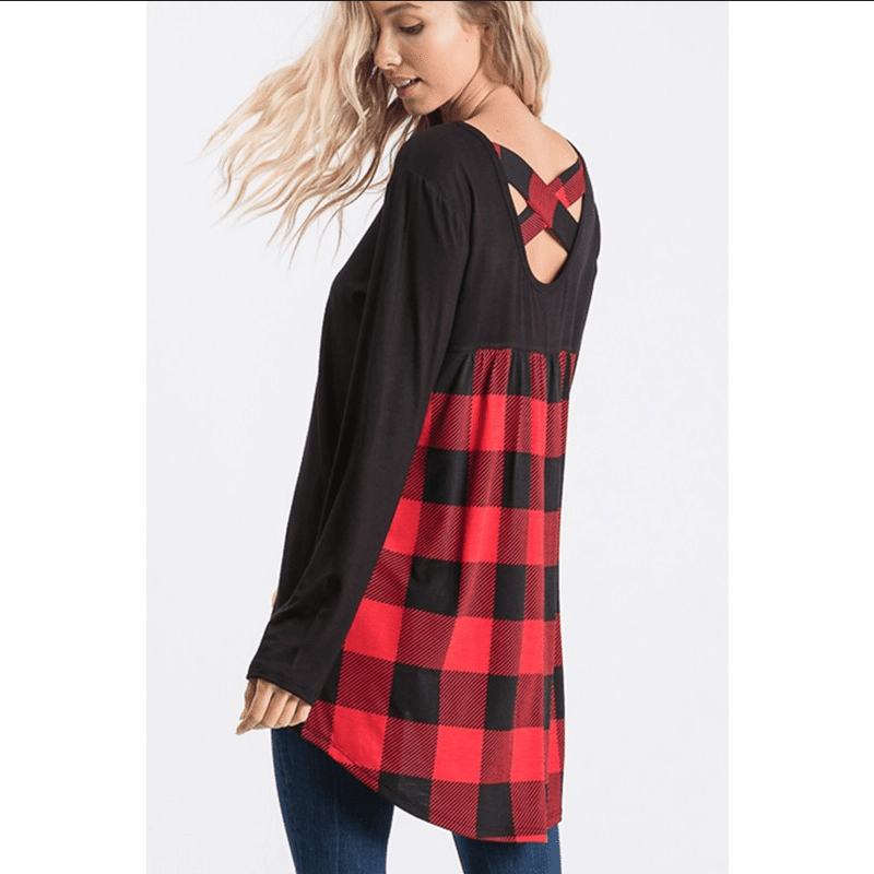 Buffalo Plaid Plus Tunic with SOLID AND PLAID TOP WITH CRISSCRS-L = OSS BACK