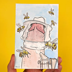 Drawing of a beekeeper penis with penis shaped bees flying around