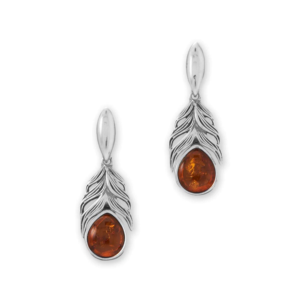 Sterling Silver Baltic Amber Feather Drop Earrings, Oxidized, 26.8mm Length, Post Back Hinged