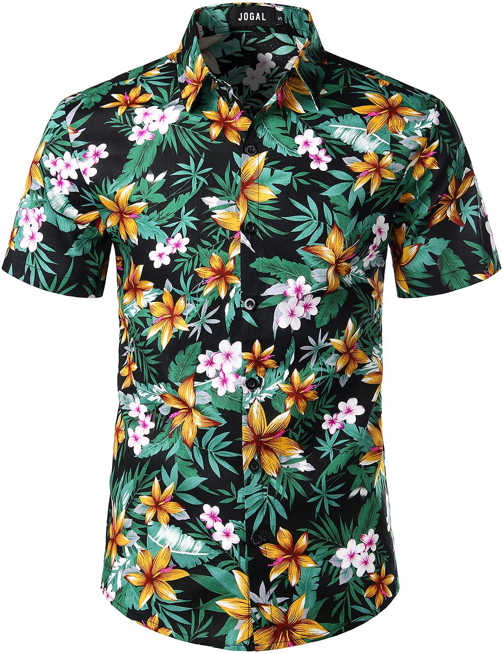 JOGAL Men's Flower Casual Button Down Short Sleeve Hawaiian Shirt(Black ...