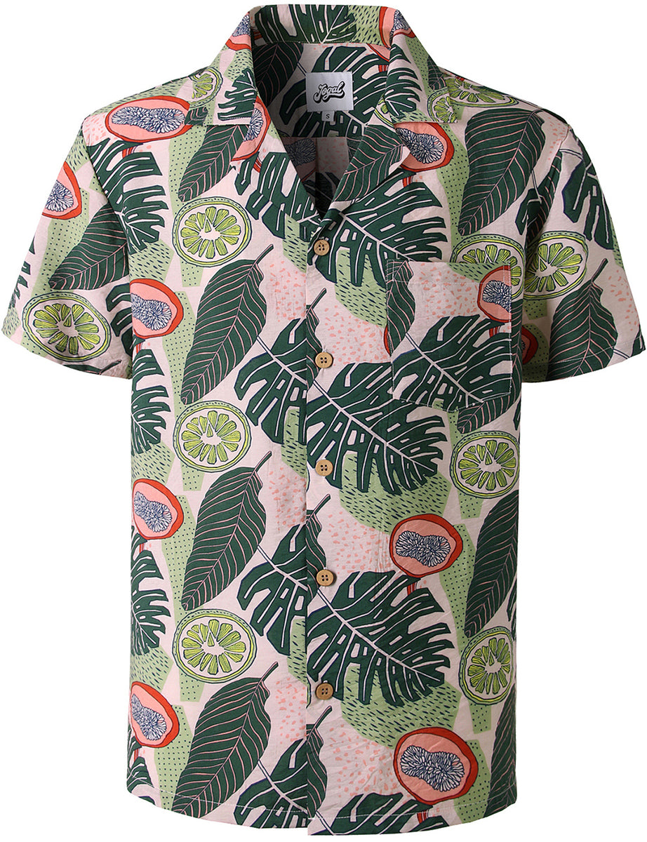 JOGAL Men's Relaxed-Fit Cotton Tropical Hawaiian Shirt（Green Lemon ...