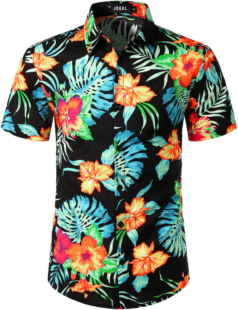 JOGAL Men's Flower Casual Button Down Short Sleeve Hawaiian Shirt ...
