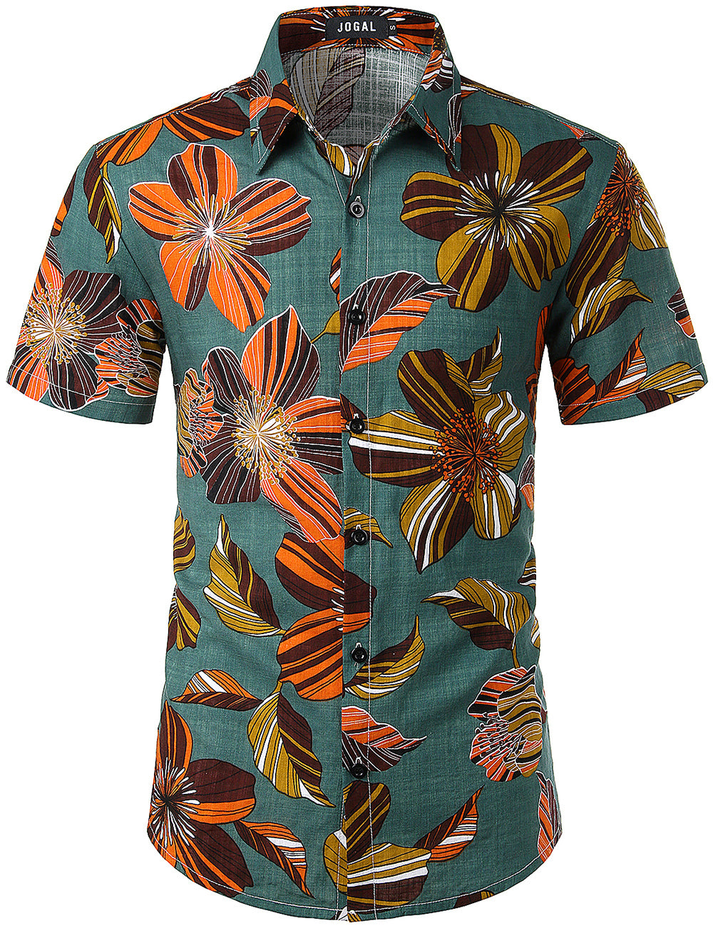 JOGAL Men's Flower Casual Button Down Short Sleeve Hawaiian Shirt(Leaf)