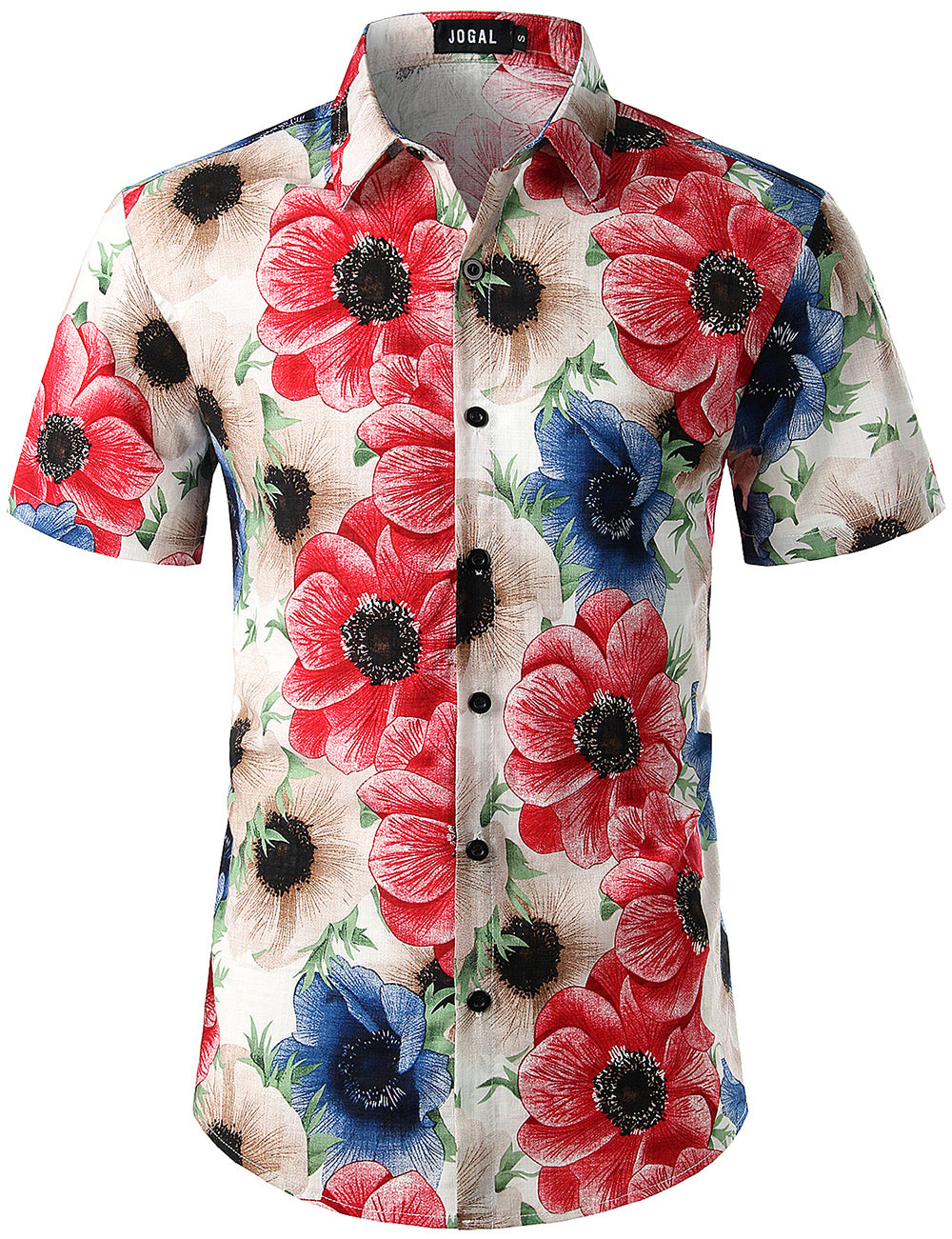 JOGAL Men's Flower Casual Button Down Short Sleeve Hawaiian Shirt(Peony)