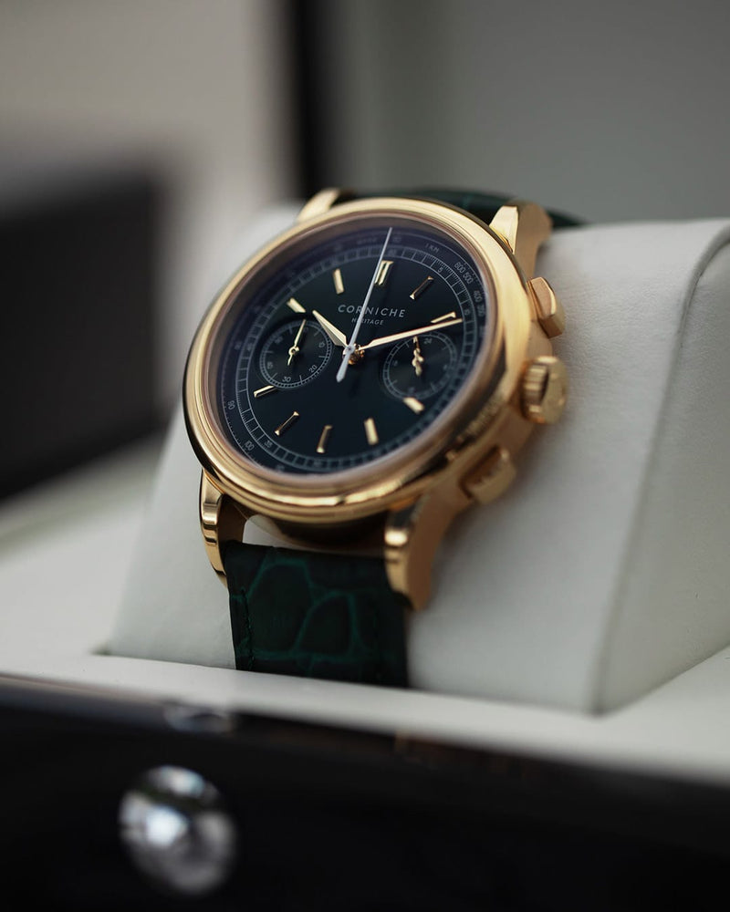 Corniche Heritage Chronograph Yellow Gold with Green Dial – Klassy Watches