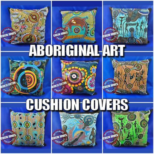 Multi-coloured mini cushions with Australian Aboriginal art prints