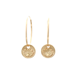 14K gold lotus flower charm hoop earrings