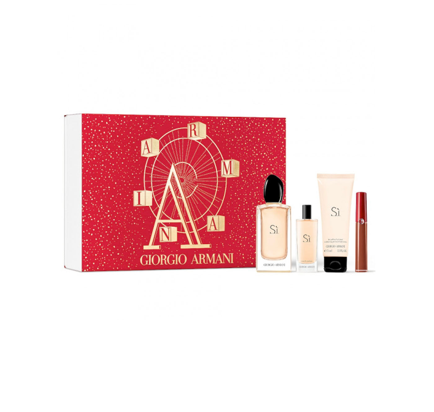 Giorgio Armani Si Gift Set 100ml EDP + 75ml Body Lotion +  Lip Maestro  - 205 Fiamma + 15ml EDP | PerfumezDirect®