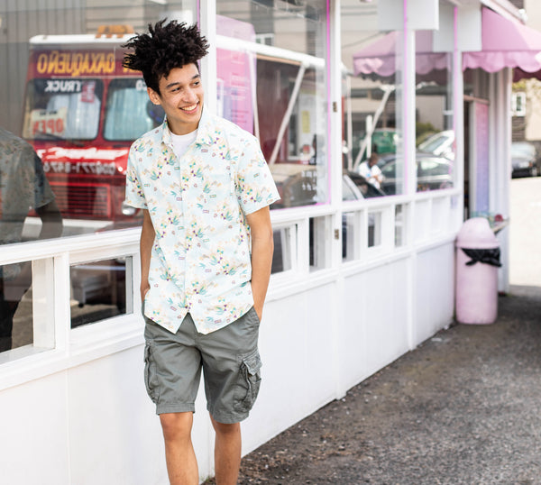 Achieve a seasonal men's coordinate with  Jorts , a hot topic