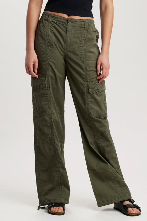 Wide-cut Pull-on Pants - Dark khaki green - Ladies