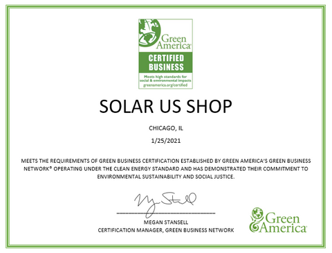 Solar Us Shop's Green Business Certificate for Providing Sustainable Products such as Solar Panel Kits, Solar Outdoor Lights, and Wind Generator Kits