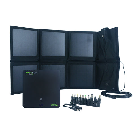 Nature Power 18 Watt Foldable Solar Panel unfolded with Power Bank Elite Rechargeable Battery Pack and accessories