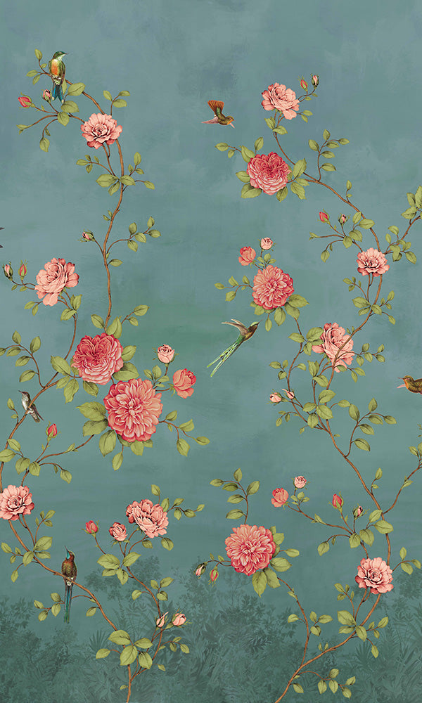 Chinoiserie Wallpaper Mural | Fiore Turquoise Rose Garden 200456 – Prime  Walls Canada