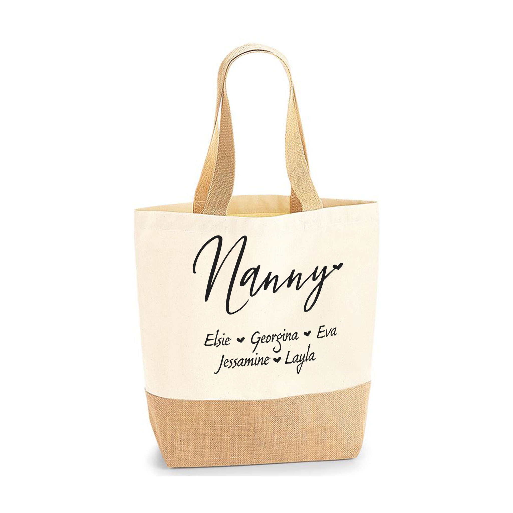 Personalised Name Gift for Nanny Jute Base Tote Bag | Ai Printing