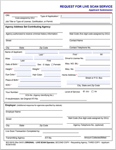 BD- California Request for Live Scan Service Form