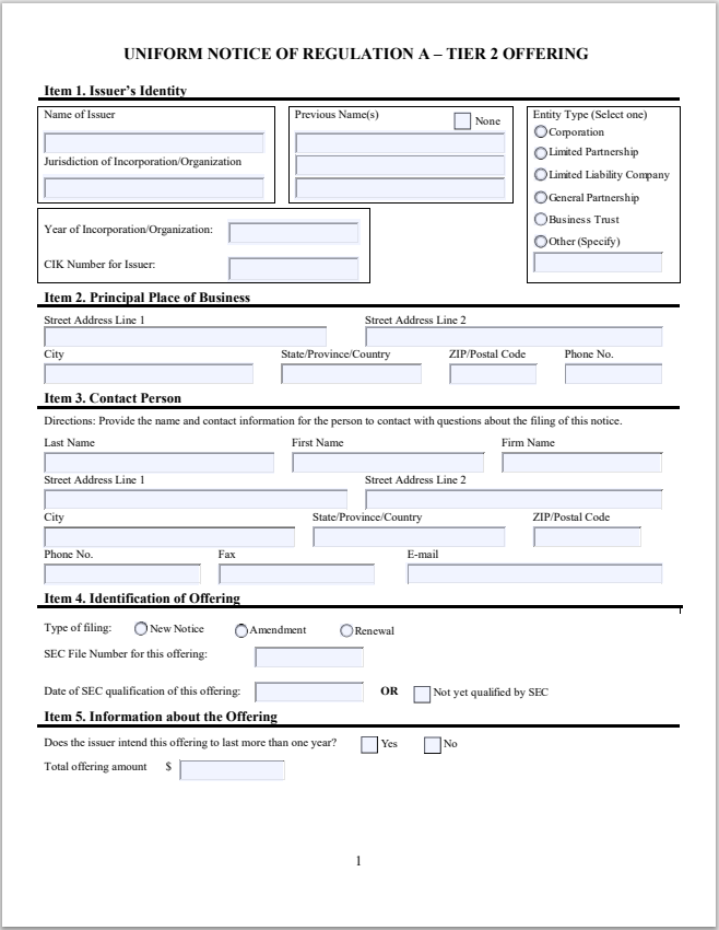 Louisiana Uniform Notice Filing of Regulation A – Tier 2 Offering Form