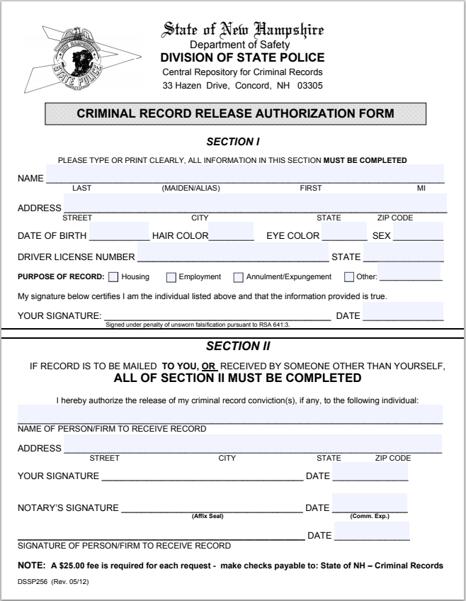 New Hampshire Criminal Record Release Authorization Form Connexien 2467