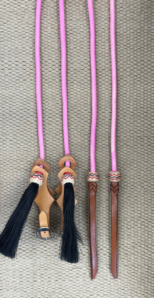 Split Reins - SR55 - 8' Rope w/ Rawhide Buttons and Slobber Straps Pink - RC Bean Saddlery
