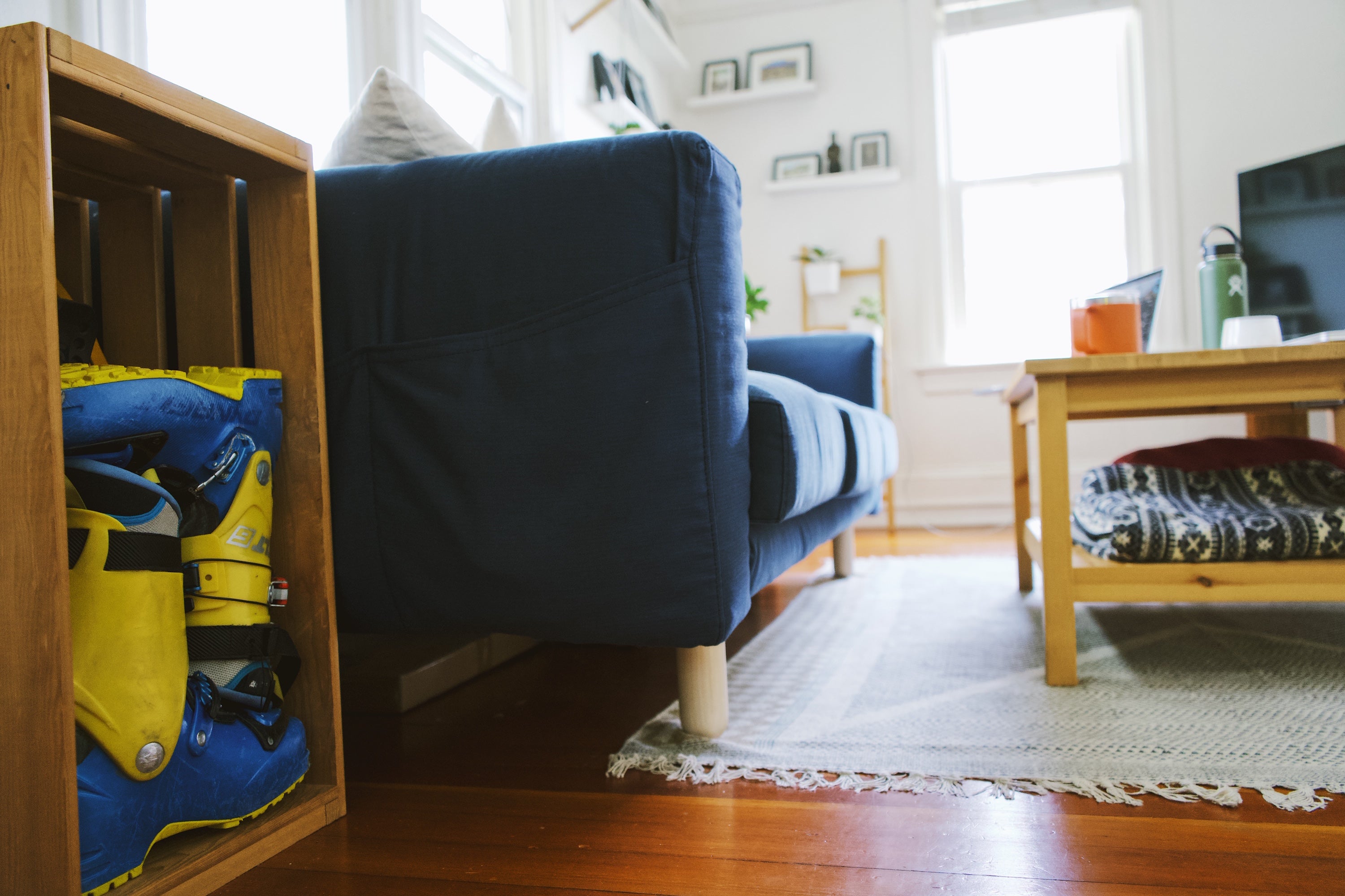 creatively stored ski boots double as home decor