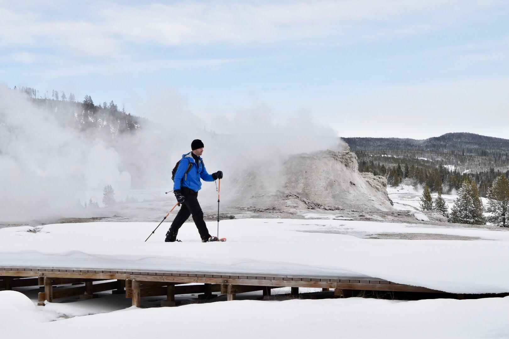 snowshoeing on powder en route to Mystic Falls in Yellowstone National Park