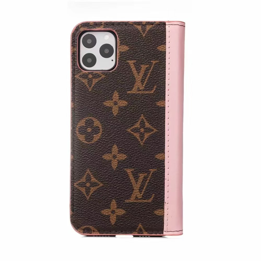 LV Wallet Flip Phone Case, Brown Leather