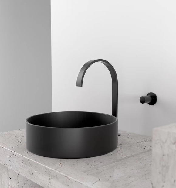 Matte black round 360 mm ceramic wash basin on top counter – Blushtaps