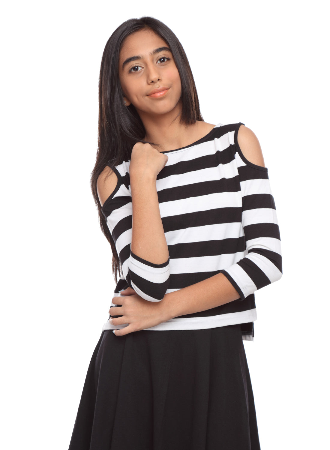 black and white striped cold shoulder top