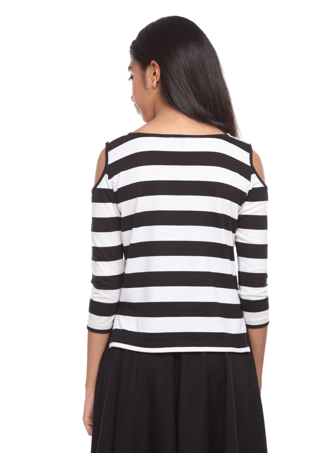 black and white striped cold shoulder top