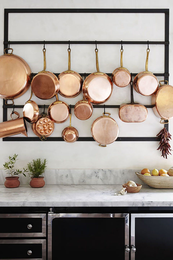 Hanging copper pans and pots