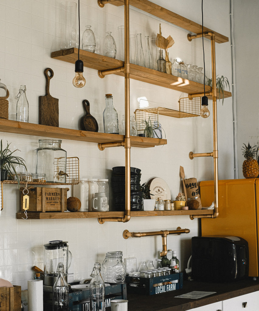 Brass Kitchen Shelves